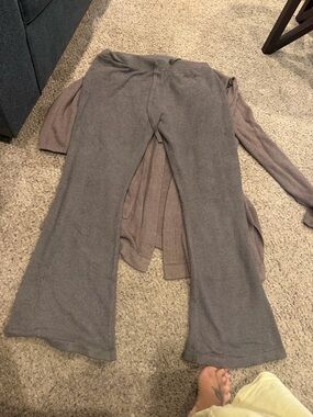 Barefoot Dreams Taupe Gray Boot-Cut Lounge Pants and Cardigan